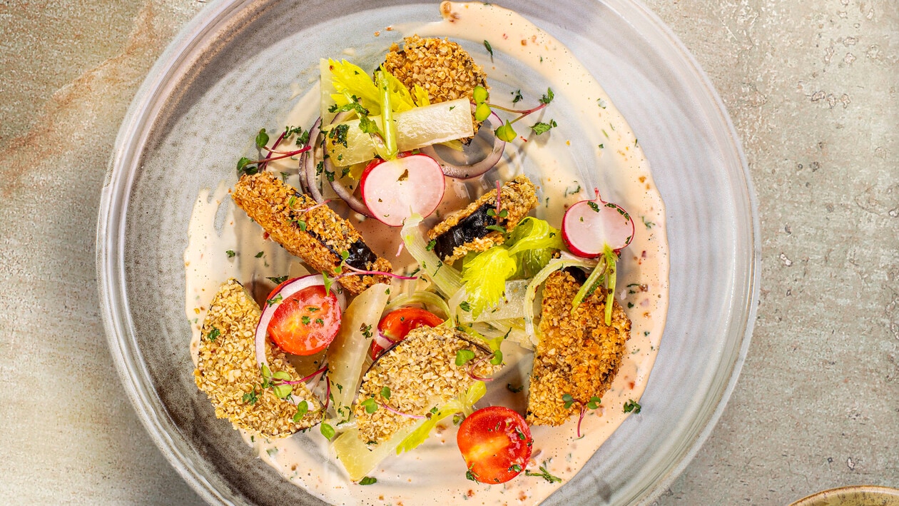 Chrupiące bakłażany w otrębach/ orientalny dressing